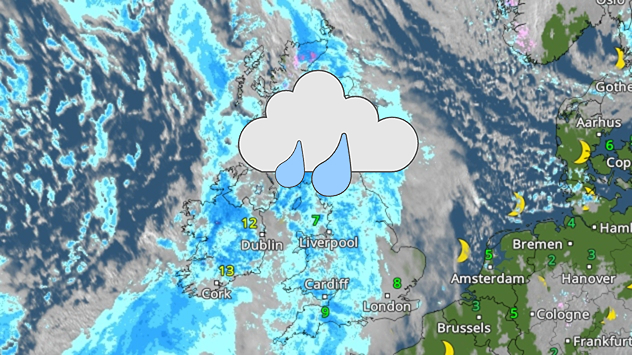 Weather radar map of the UK and Ireland showing widespread blue precipitation bands with temperatures near major cities, overlaid by a large cloud with two blue raindrops.