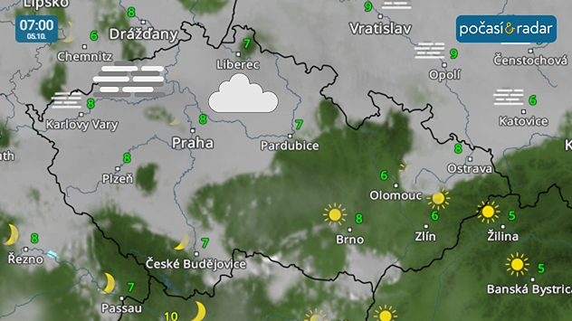 Meteoradar, screenshot, 5. října 7:00: Pondělí ráno začne místy, hlavně v severozápadní polovině Čech, mlhami a nízkou oblačností, které se budou během dopoledne rychle rozpouštět.
