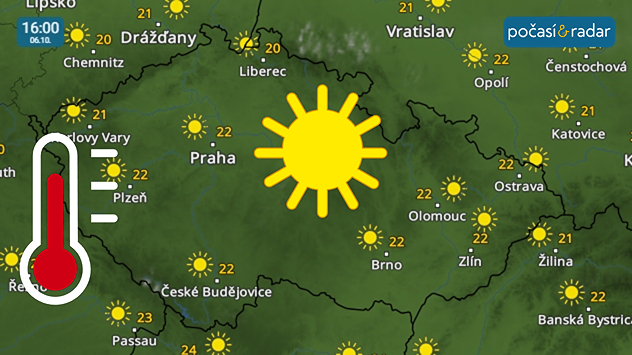 Meteoradar, screenshot, 6. října 16:00: Úterý bude v Česku slunečné a na říjen velmi teplé.