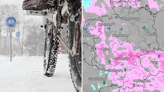 Geteilte Grafik: links ein Fahrradreifen auf verschneitem Radwegrechts eine WetterRadar-Karte mit Schneefall.