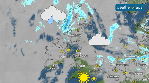 Satellite weather map of the UK and Ireland showing rain and showers across northern Scotland and nearby Atlantic waters, increasing cloud over eastern Britain, and sunny conditions across southern England and much of Ireland. Temperatures range from 17°C in Ireland and northeast Scotland to 23°C in southeast England.