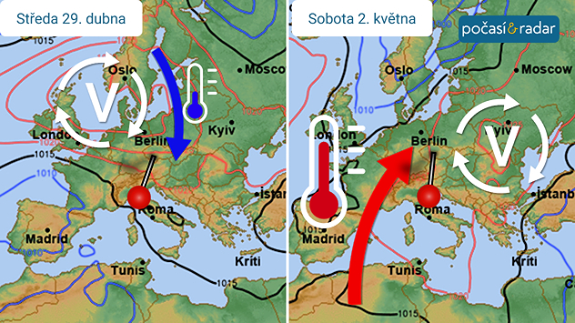 Předpověď synoptické situace nad Evropou na středu 29. dubna a sobotu 2. května: V nejbližších dnech k nám bude proudit studený vzduch od severovýchodu, na závěr týdne se proudění stočí na teplé jižní a teploty tak výrazně porostou.