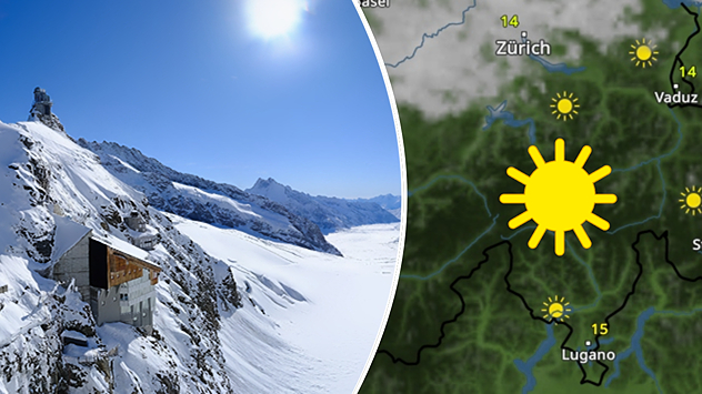 Links ist eine verschneite Berglandschaft mit Sonnenschein und klarem Himmel zu sehen. Rechts zeigt die Wetterkarte sonniges Wetter in den Alpen.