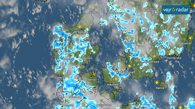 VejrRadar over Danmark med spredte regnbyger og sol i et ustadigt sommervejr.