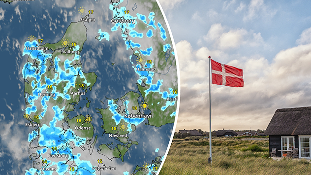 VejrRadar over Danmark med regnbyger kombineret med Dannebrog under skiftende vejrforhold.