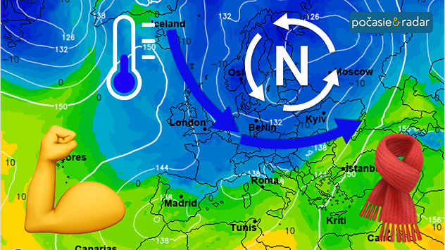 Synoptická mapa s vyznačením tlakovej níže nad severom Európy, smerom prúdenia od severozápadu, flexingu bicepsu ako symbola sily ochladenia a symbolom šálu ako zimy samotnej.
