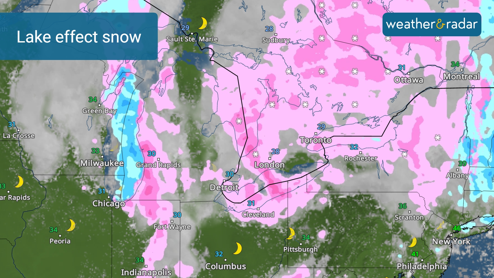 The WeatherRadar shows lake effect snow across the Great Lakes.