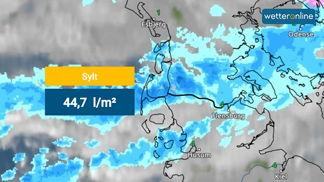 Regenradar zeigt Starkregen über Sylt mit 44,7 Litern pro Quadratmeter.