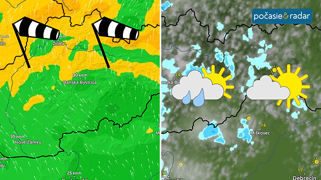 Mapa Slovenska s predpoveďou počasia: vo štvrtok silnejší vietor, v ďalších dňoch premenlivá oblačnosť so slnkom a miestnymi prehánkami.
