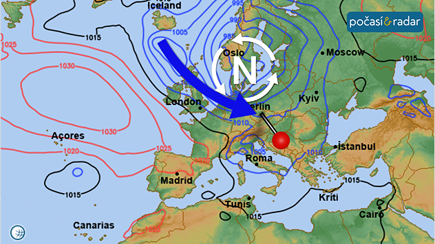 Mapa synoptické situace nad Evropou, neděle 26. 10. Počasí v Česku ovlivňuje hluboká tlaková níže se středem nad jižní Skandinávií a Severním mořem.