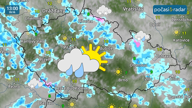 Meteoradar, screenshot, 25. 10. 13:00: Chladné a větrné počasí s převládající velkou oblačností a četnými přeháňkami, které budou v nejvyšších horských polohách sněhové, nabídne i sobota