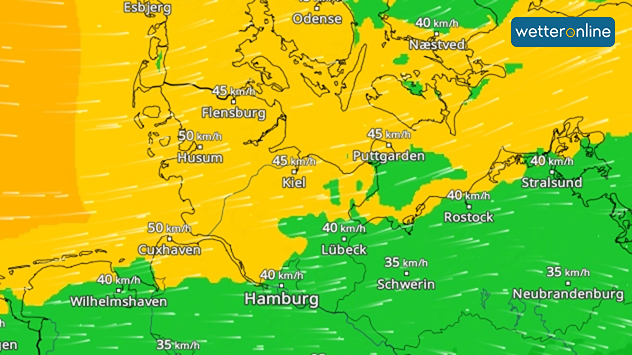 Wetterkarte mit kräftigem Wind über Norddeutschland, Böen bis 50 km/h an der Nordseeküste.