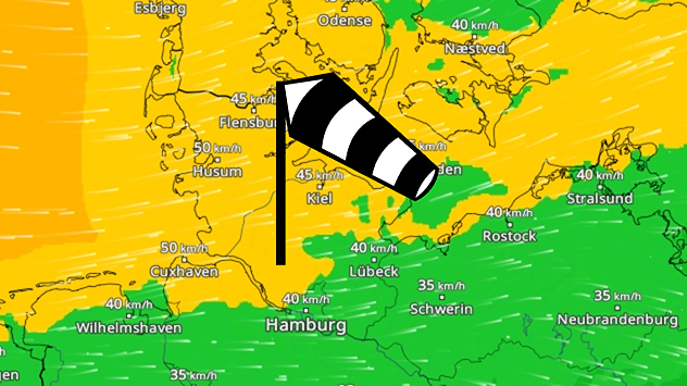 Stürmischer Wind über Norddeutschland Wetterkarte mit kräftigem Wind über Norddeutschland, Böen bis 50 km/h an der Nordseeküste.
