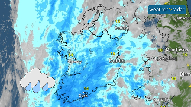 Weather map showing widespread heavy rain across Ireland, with temperatures near 14°C in Galway and Cork and 15°C in Dublin and Belfast.