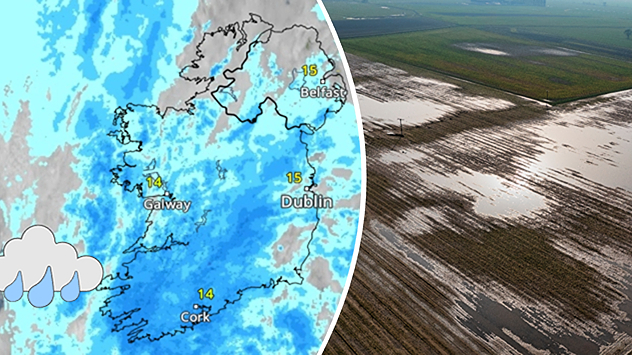 Split image showing widespread heavy rain across Ireland besid aerial farmland covered by extensive standing floodwater.