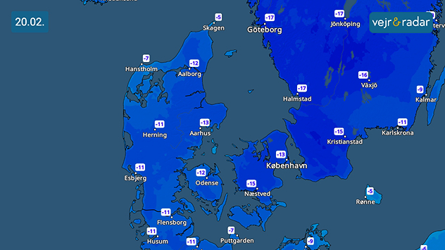 Temperaturkort over Danmark den 20. februar med udbredt streng frost og tocifrede minusgrader.