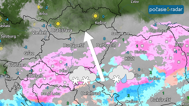 Meteoradar s vyznačením postupu zmeny počasia na sneženie či dážď so snehom smerom od juhovýchodu