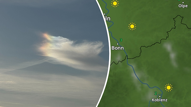 Geteilte Ansicht: Links eine helle Wolke mit schillernden Regenbogenfarben (Nebensonne) am blauen Himmel; rechts eine WetterRadar-Karte mit Rheinverlauf, Ortsnamen und Sonnensymbolen.