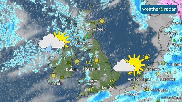 Weather radar map showing Ireland and the UK with scattered rain in blue over western areas, sunshine icons across parts of Britain and Ireland.