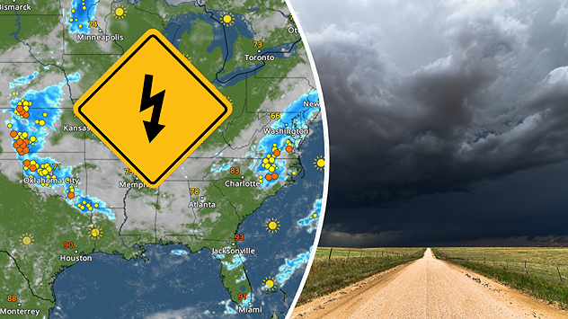 Powerful storms could bring damaging winds and large hail to parts of the Plains today into tonight. A few strong storms producing damaging winds may also impact the Mid-Atlantic.