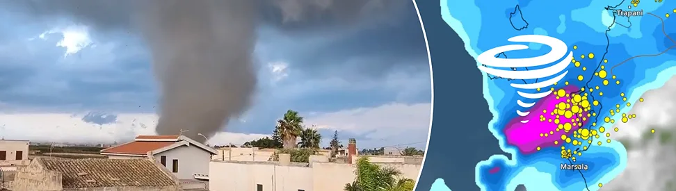 Geteiltes Bild mit einem Tornado an der Küste Siziliens auf der linken Seite. Ein dunkler Wolkentrichter reicht bis zum Boden beziehungsweise zur Wasseroberfläche, im Vordergrund sind Häuser und Palmen zu sehen. Rechts zeigt eine Wetterkarte bei Marsala intensive Niederschläge in Pink und Blau, zahlreiche Blitze als gelbe Punkte und ein weißes Wirbelsymbol.