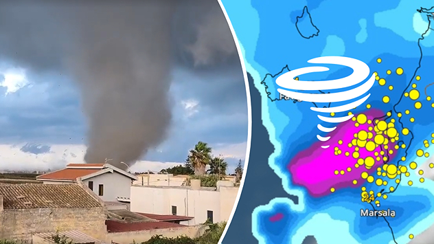 Geteiltes Bild mit einem Tornado an der Küste Siziliens auf der linken Seite. Ein dunkler Wolkentrichter reicht bis zum Boden beziehungsweise zur Wasseroberfläche, im Vordergrund sind Häuser und Palmen zu sehen. Rechts zeigt eine Wetterkarte bei Marsala intensive Niederschläge in Pink und Blau, zahlreiche Blitze als gelbe Punkte und ein weißes Wirbelsymbol.