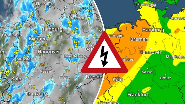 Kombination aus WetterRadar und Warnkarte für Deutschland. Aktive Gewitterzellen und erhöhte Unwettergefahr sind in mehreren Regionen zu erkennen.