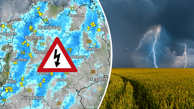 Links das WetterRadar, das über Deutschland viele Gewitter zeigt. Rechts ein Blitz über einem Weizenfeld.