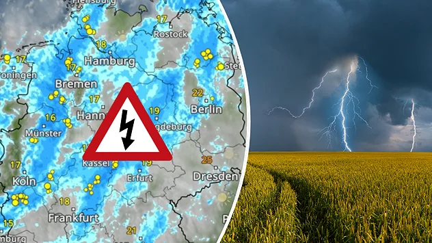 Links das WetterRadar, das über Deutschland viele Gewitter zeigt. Rechts ein Blitz über einem Weizenfeld.
