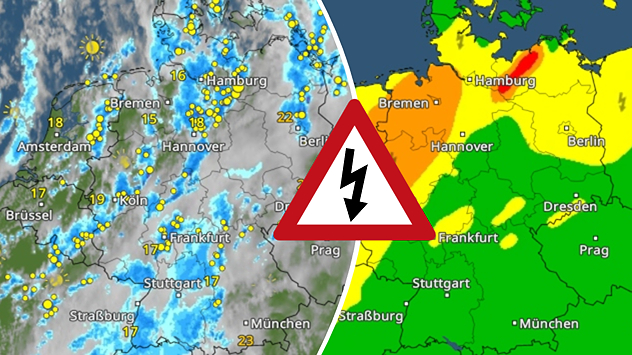 Kombination aus WetterRadar und Warnkarte für Deutschland. Zahlreiche Gewitterzellen ziehen über das Land, regional besteht Unwetterpotenzial.