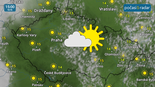 Meteoradar, screenshot, 13. číjna 15:00: V úterý u nás převládne slunečné počasí s odpoledními teplotami až kolem 15 °C.