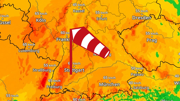 Stürmischer Wochenstart in Süddeutschland Wetterkarte mit starken Windböen in Süddeutschland.