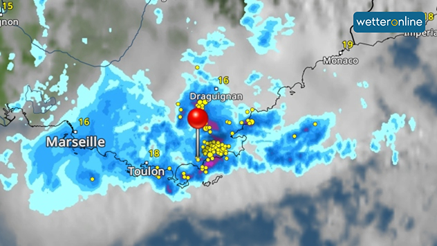 WetterRadar zeigt schweres Gewitter in Südfrankreich bei Marseille
