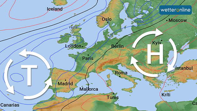 Die Wetterkarte zeigt ein Tiefdruckgebiet westlich von Spanien und ein Hochdruckgebiet über Osteuropa. Zwischen beiden Drucksystemen strömt milde Luft nach Mitteleuropa.