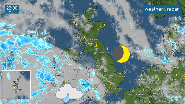 Weather radar showing cloud and rain over Ireland, Wales, south-west England. Clearer skies over Scotland and elsewhere in England with some cloudy areas.