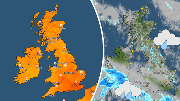 Temperature radar showing daily highs for the UK and Ireland. Warmest in south-east England. Next to a weather map showing heavier rain over Ireland, showers in parts of England and Scotland.