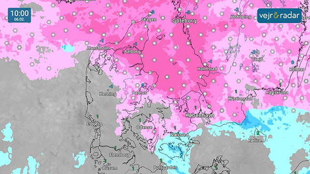 Vejrradar over Danmark kl. 10.00 den 6. februar med udbredt snevejr over store dele af landet.
