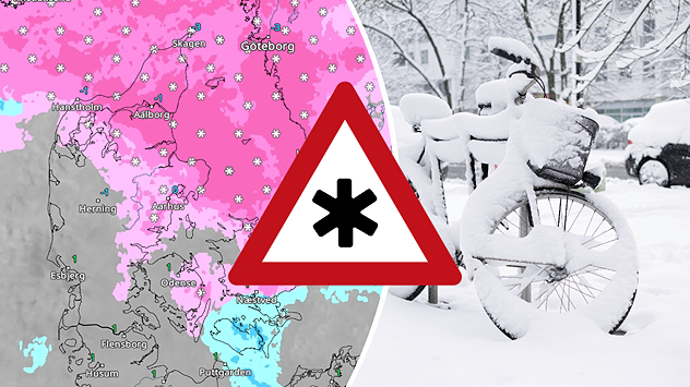 Kombineret grafik med vejrradar over Danmark og foto af sneklædte cykler samt advarsel om snevejr.