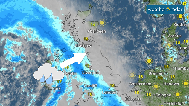Weather map showing a band of rain moving eastwards across Ireland and into western parts of the UK, marked by blue shading. Clearer conditions with sunshine symbols are visible over eastern England and much of mainland Europe. Temperatures range from 14°C in Aberdeen to 18°C in Brussels and Cologne.