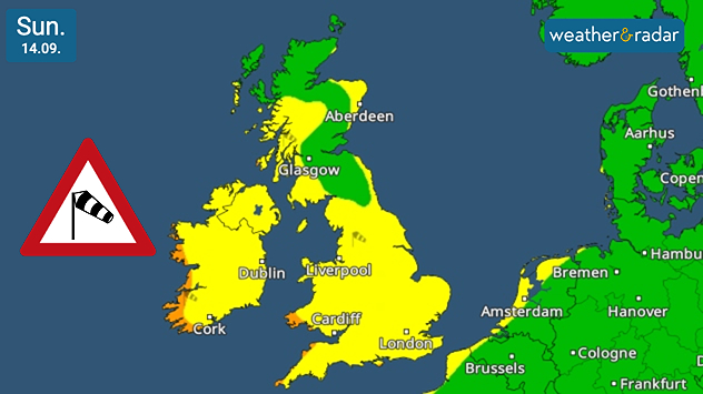 Weather warning map for Sunday, 14 September, showing yellow wind alerts across most of the UK and Ireland. Green areas in northern Scotland and parts of continental Europe indicate no warnings. A triangular wind hazard symbol is displayed on the left side of the image.