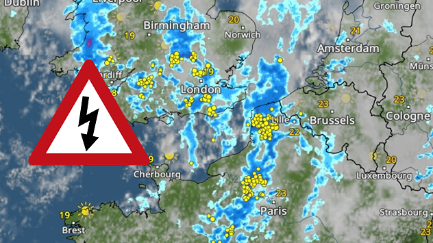 Weather map showing thunderstorms over England and southern Wales. A thunderstorm warning icon is displayed.