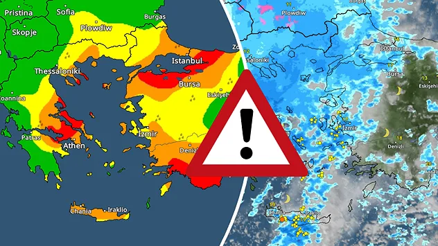 WetterRadar und Warnkarte zeigen heftige Gewitter und Starkregen in Griechenland und der Westtürkei.