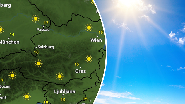 Links zeigt das Bild das WetterRadar für Österreich, rechts ist blauer Himmel und Sonnenschein zu sehen.