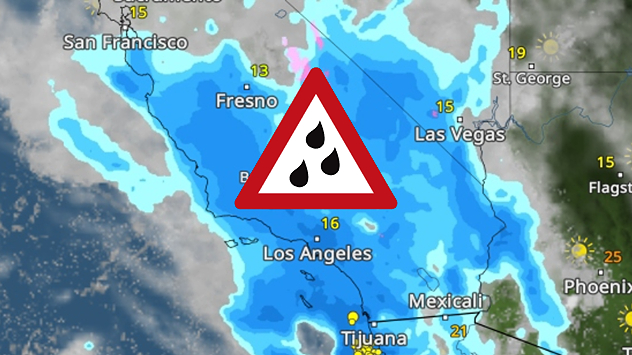 Weather map with heavy rain warning over Southern California, warning symbol in the centre.