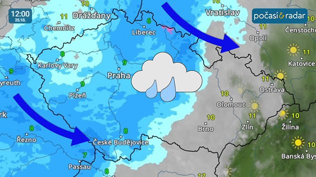Meteoradar, screenshot, 25. října 12:00: V neděli se postupně na celém našem území objeví déšť. V nejvyšších horských polohách bude i sněžit.
