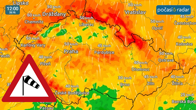 Větrný radar, screenshot, 25. října 12:00: O víkendu bude přechodně výrazně zesilovat vítr. Velmi větrno bude i v neděli.