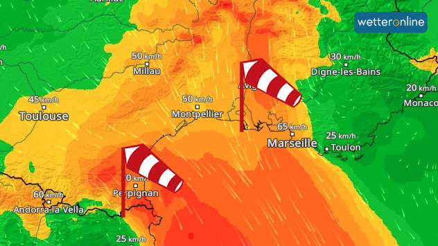 Das WindRadar zeigt über Südfrankreich und dem Mittelmeer einen kräftigen Wind. 