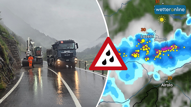 © Baudirektion Uri Links ein Bild, wie eine Strasse mit einem Bagger von Geröll befreit wird. Rechts das WetterRadar, das Gewitter zeigt.