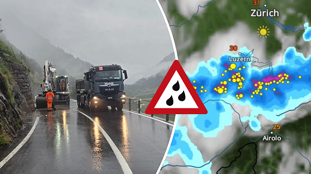 Links ein Bild, wie eine Strasse mit einem Bagger von Geröll befreit wird. Rechts das WetterRadar, das Gewitter zeigt.