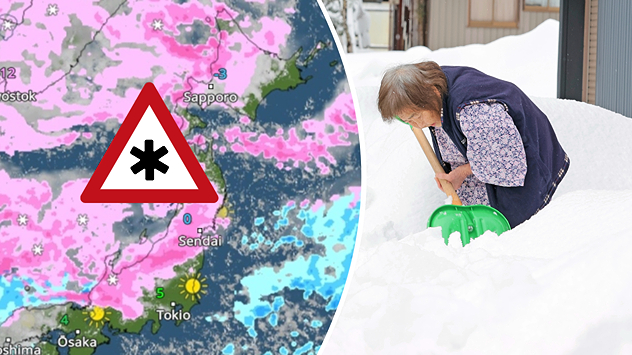 WetterRadar zeigt Schneefälle in Japan - alte Frau schaufelt auf Weg Schnee